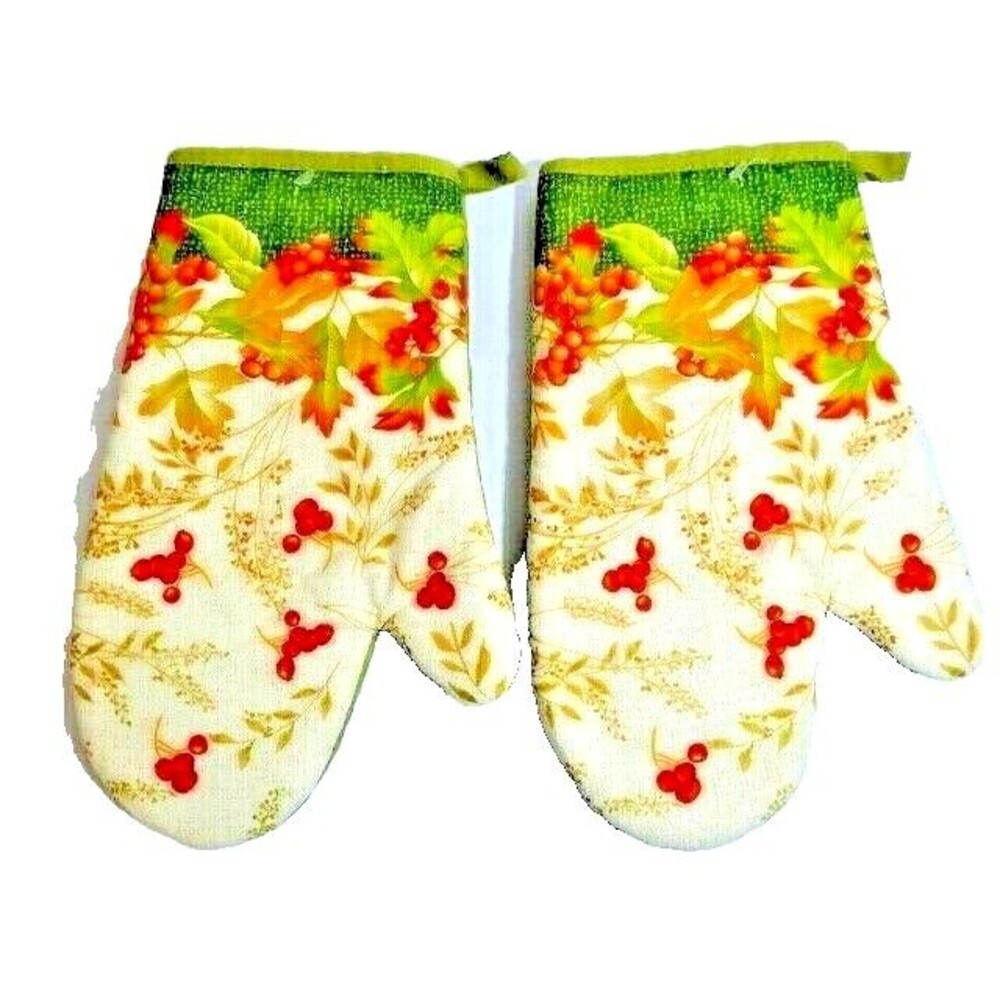 Autumn Leaves Berries Oven Mitts 2-Pc Kitchen Fall Holiday Cotton Polyester Gift